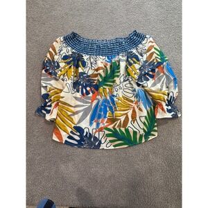 Fab'rik Women Boho Off Shoulder Smocked Tropical Floral Blouse Top Festival